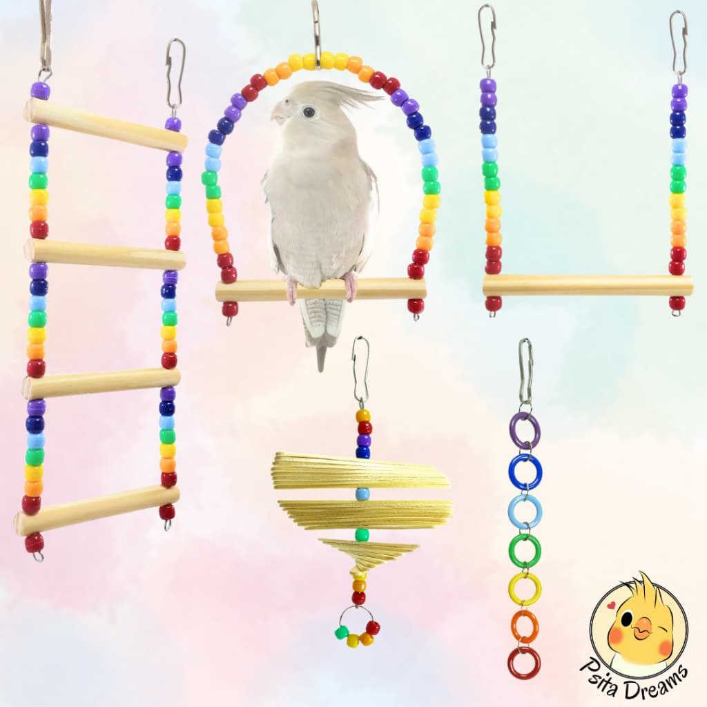 Kit com 3, 4 ou 5 Brinquedos Arco-Íris, calopsita, agapornis, periquito, aves, brinquedo