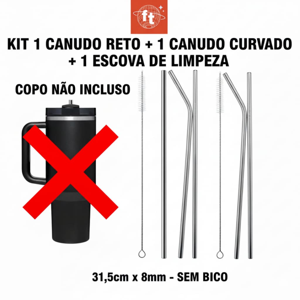 Kit 2 Canudo Inox 31,5cm * 8mm Reutilizáveis para Copo Térmico 1,2L ou Garrafa Térmica + Escova