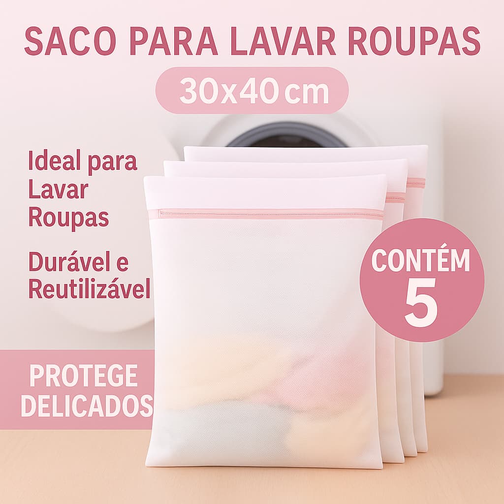 Kit 5 Sacos para Lavar Roupas na Máquina Pequeno 30x40 Saquinho Protetor Lingerie Meias Bebê