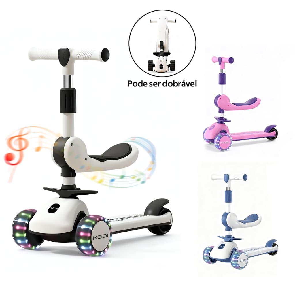 Patinete Infantil scooter dobrável com Led 3 rodas 2 em 1 até 60Kg Dream Light -P15