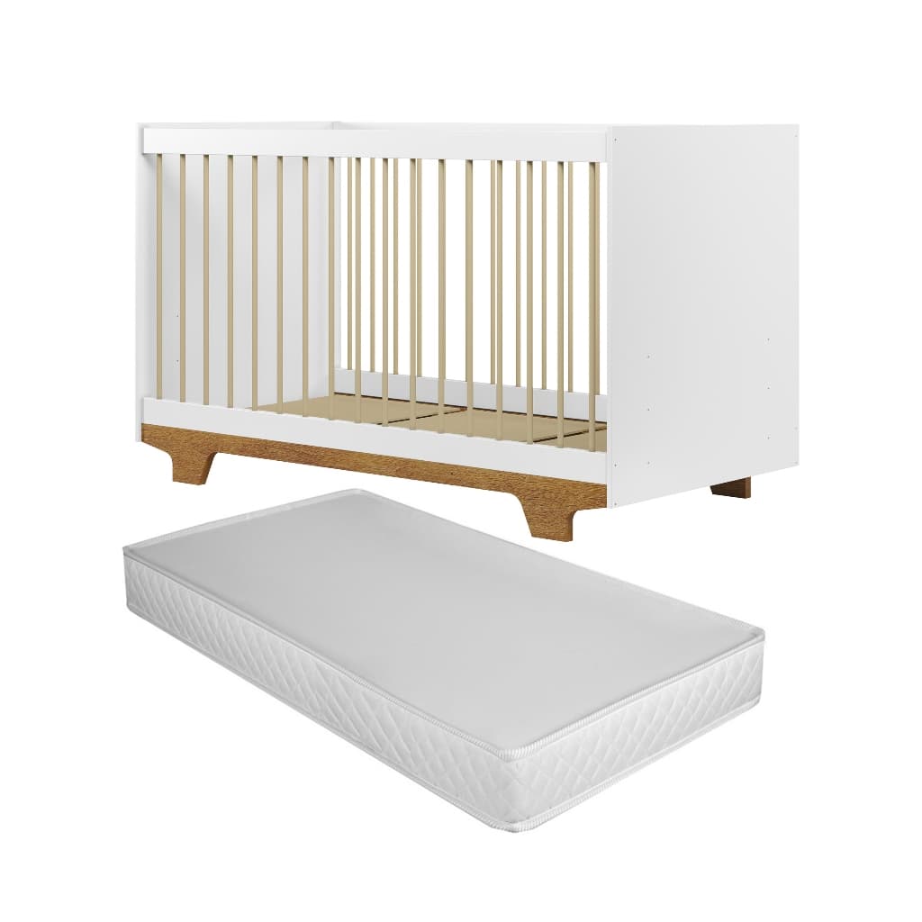 Berço Mini Cama 3 em 1 Moderno Infantil Design Com Colchão e Grade De Proteção Cor Branco/Madeira