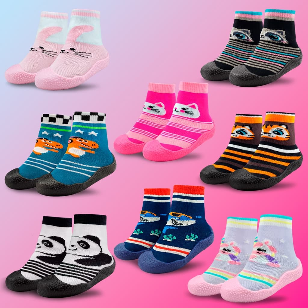 Meia com Sola Bebê Emborrachado Sortida Personagem Homem Aranha Raposinha Pandinha Antiderrapante