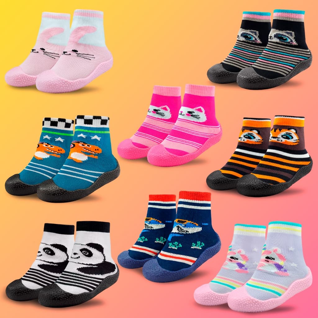 Meia com Sola Bebê Emborrachado Sortida Personagens Homem Aranha Estrelinha Raposinha Panda Infantil