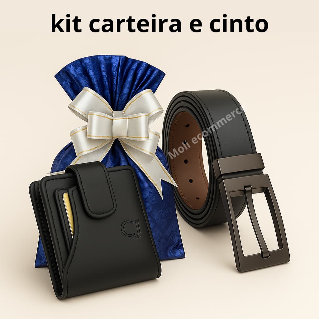 Kit Carteira Masculina couro e Cinto dupla face -Embalado Para Presente