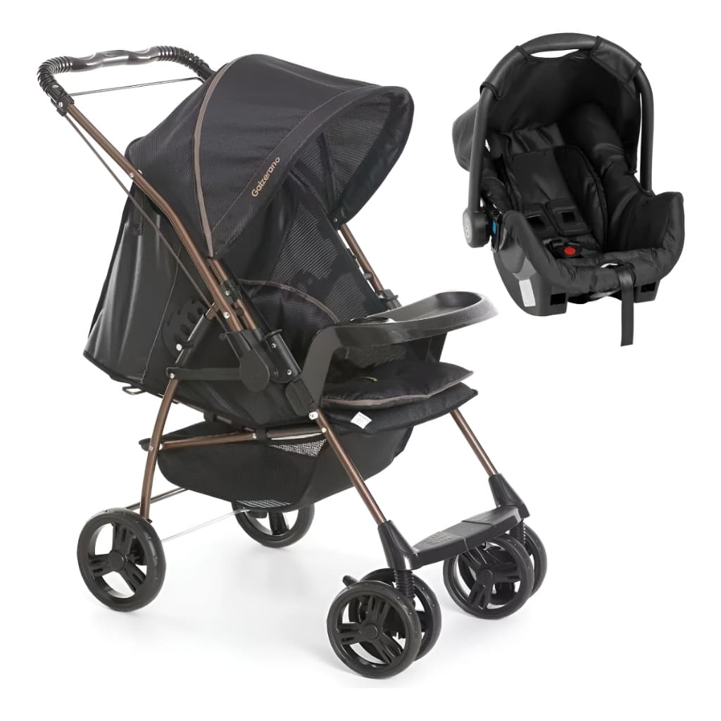 Kit Carrinho de Bebê + Bebe Conforto Galzerano Milano Preto Cobre Travel System Viagem Oferta