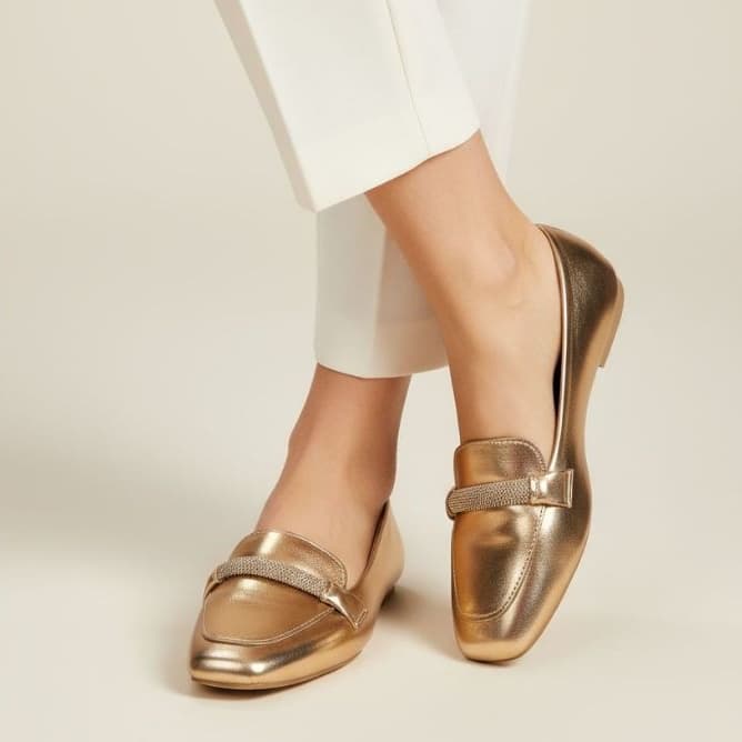 Sapatilha Feminina Confortável Luxo Mocassim Sapato Feminino Bico Quadrado Rosê Strass