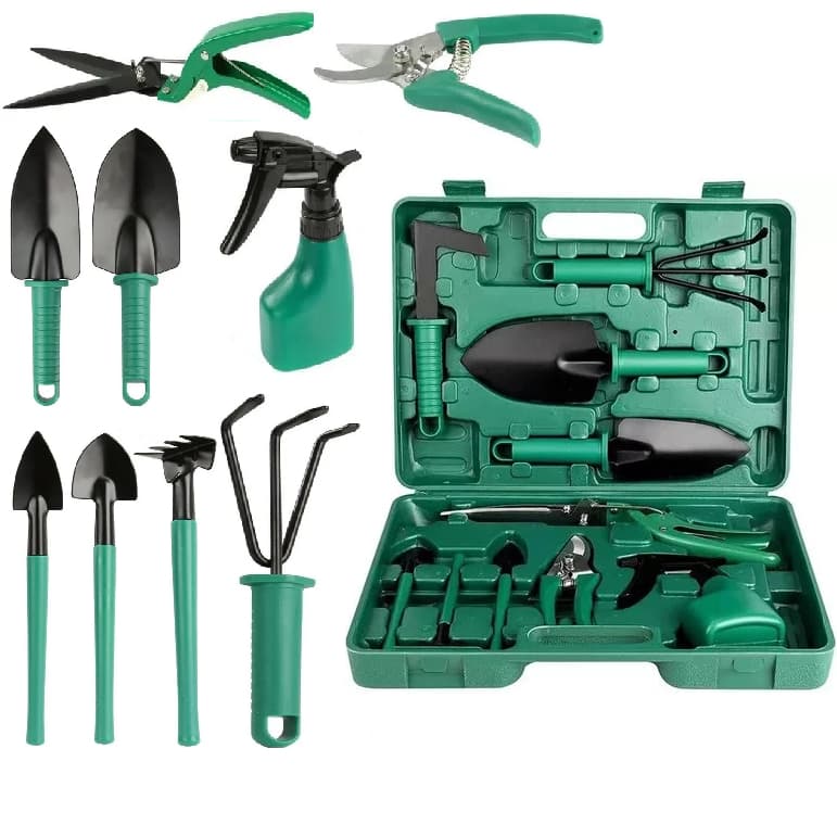 Kit Para Jardinagem Jardim Jogo Ferramentas Grama Corta Galhos Maleta Pás Poda 10 Peças Com Maleta