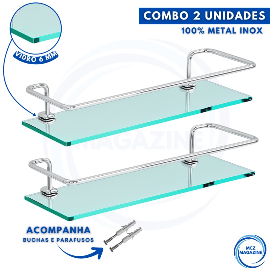 Kit 02 Porta Shampoo Suporte De Banheiro Shampoo Reto Vidro 6mm