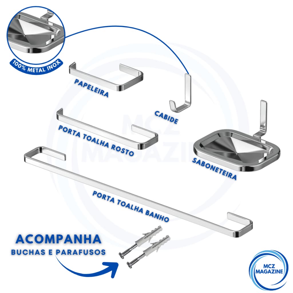 Kit Para Banheiro Acessórios 5 Peças Modelo Quadrado Garantia