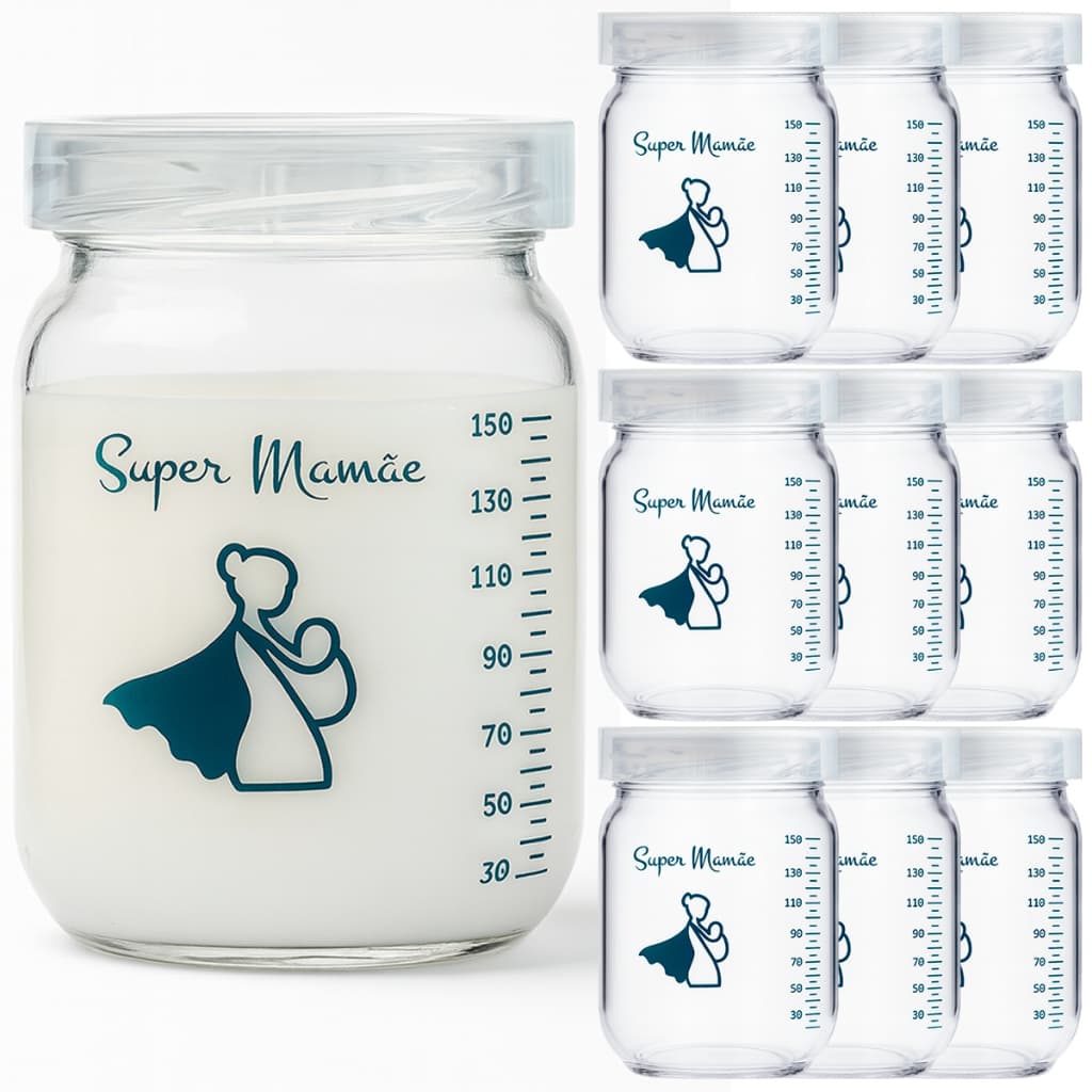 Kit 10 Potes de Vidro 150ml para Leite Materno Super Mamãe Original – Tampa Plástica e Graduação