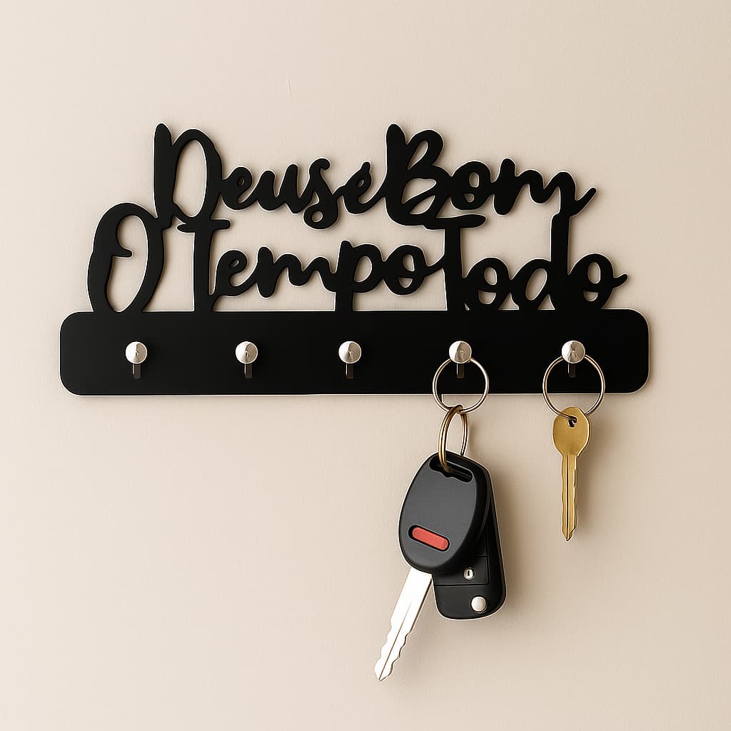 Porta Chaves de Parede Deus é Bom o Tempo Todo Decorativo MDF Preto 3mm Casa
