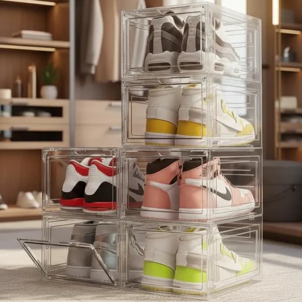 Kit com até 10 Caixas Plástica com Tampa de Acrílico Empilhavel para Sapatos Tênis Fecho Magnético