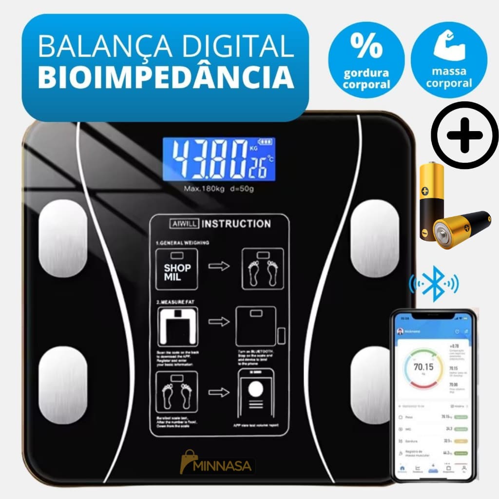 Balança Digital Corporal Inteligente Bioimpedãncia Bluetooth App Gordura Massa Muscular Ate 180KG