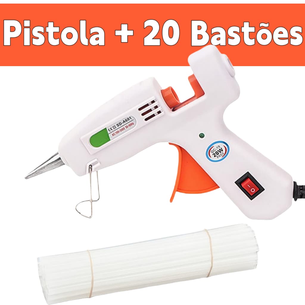 Kit Pistola de Cola Quente Bivolt 110V/220V 20W para Artesanato Profissional + 20/10 Bastões 7mm x 30cm – Fácil de Usar