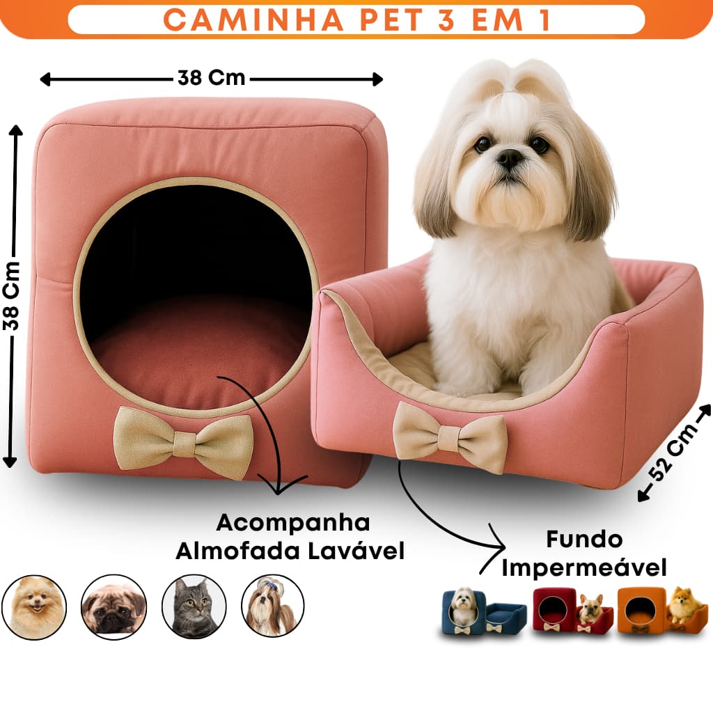 Cama Toca 3 em 1 Pet Veludo Gato Cachorro Fundo Impermeável Pequeno Médio Porte Premium Com Almofada