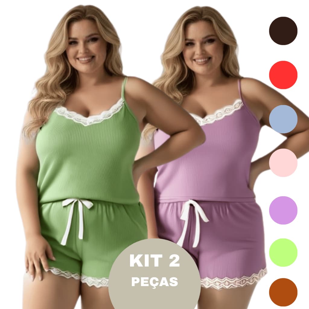 KIT 2 Pijama Feminino Plus Size Suede Canelado Sexy com Detalhe de Renda Luxo Canelado Premium