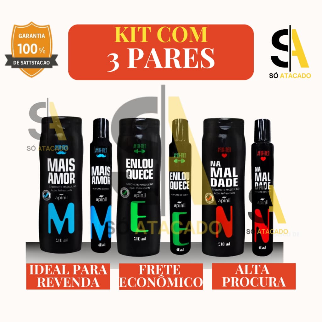 Kit 3 Pares – Sabonete + Perfume de Cueca Apinil For Men | Ação Refrescante | Perfume Masculino