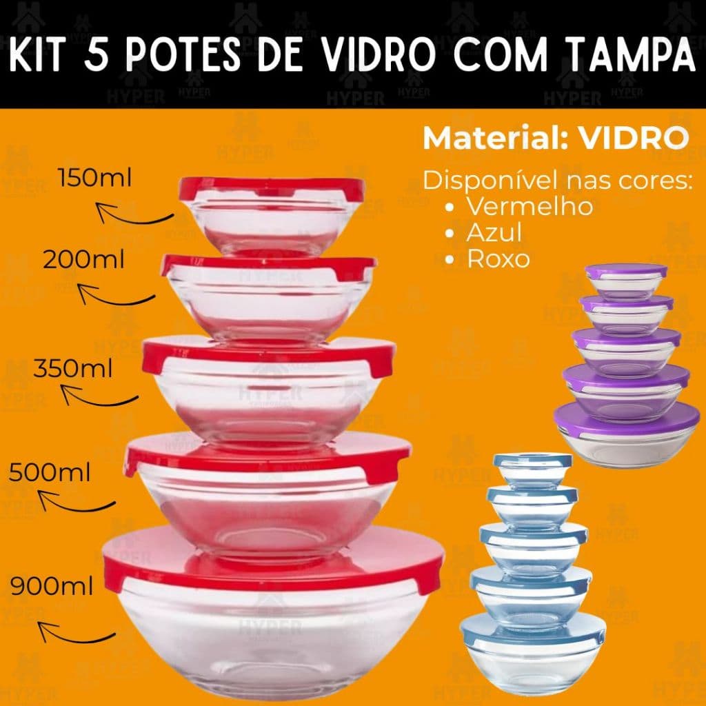 Kit 5 Potes Bowl Tigela de Vidro com Tampa  150ml, 200ml, 350ml, 500ml, 900ml Praticasa