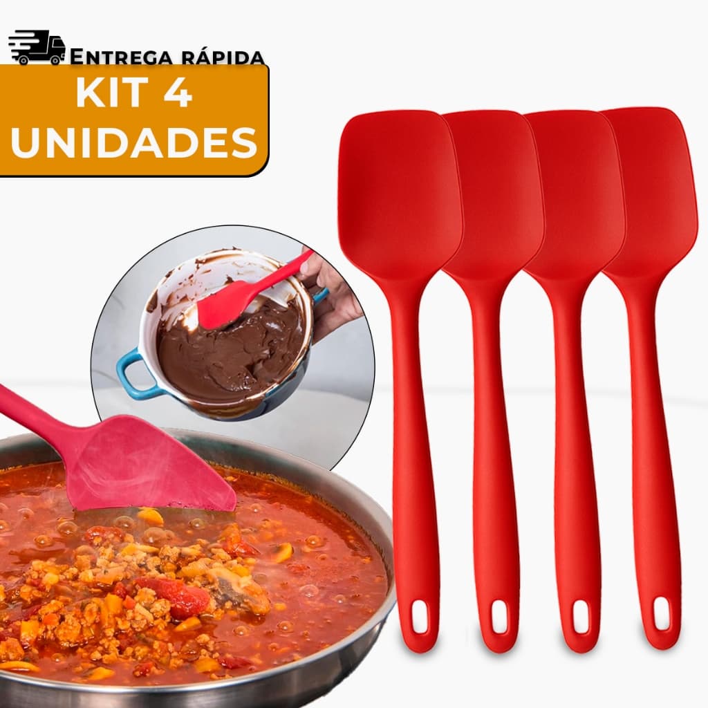 Kit 4 Espátula Silicone Dura Premium Resistente Vermelha Utensílio de Cozinha Colher Macio