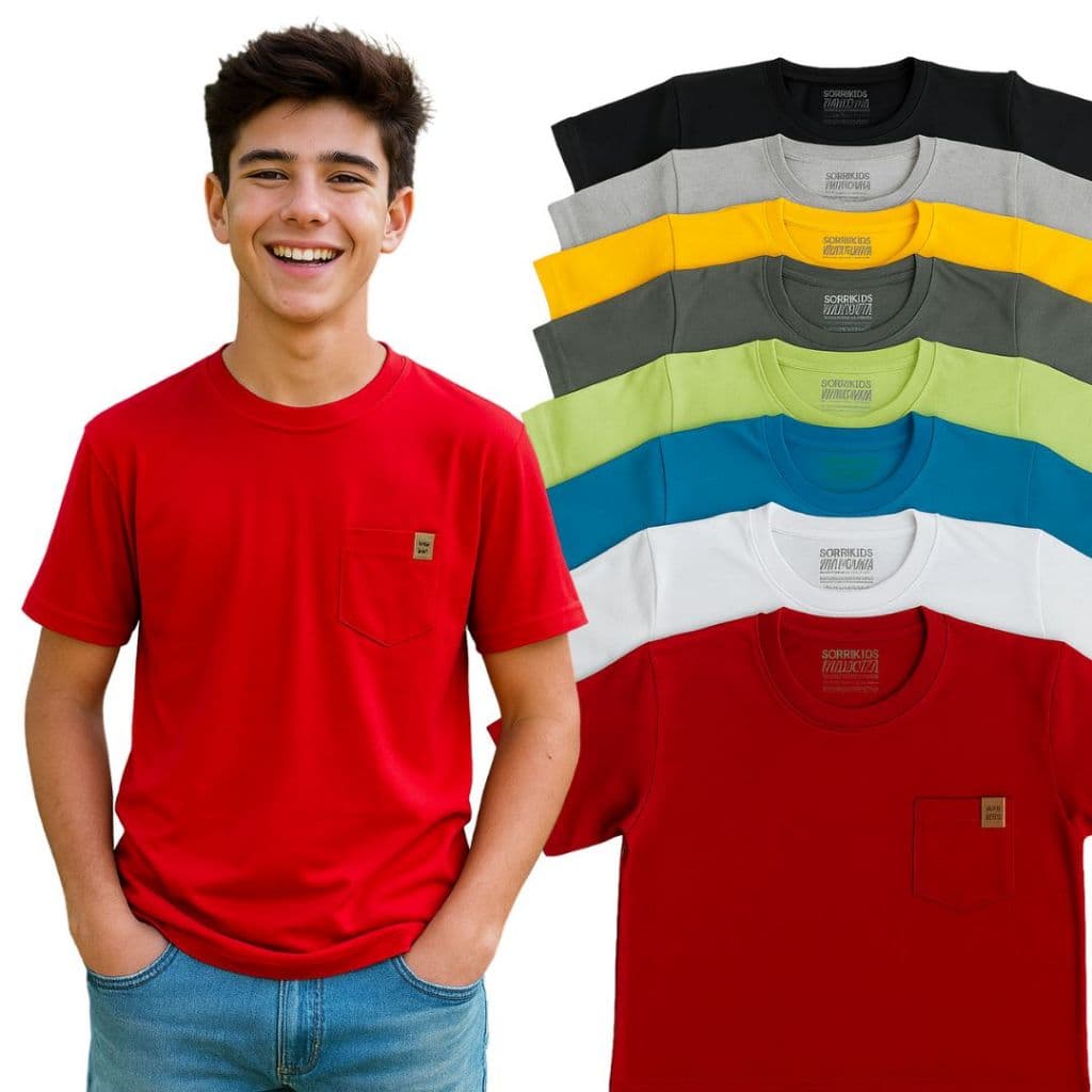 Camiseta Infantil e Juvenil Masculina Manga Curta com Bolso 100% Algodão Lisa 2 a 14 Anos Confortável