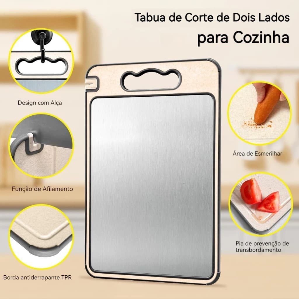 Tábua De Corte Para Carne , Placa Higiênica Dupla Face Em Aço Inoxidável E PP Com Apontador Alça