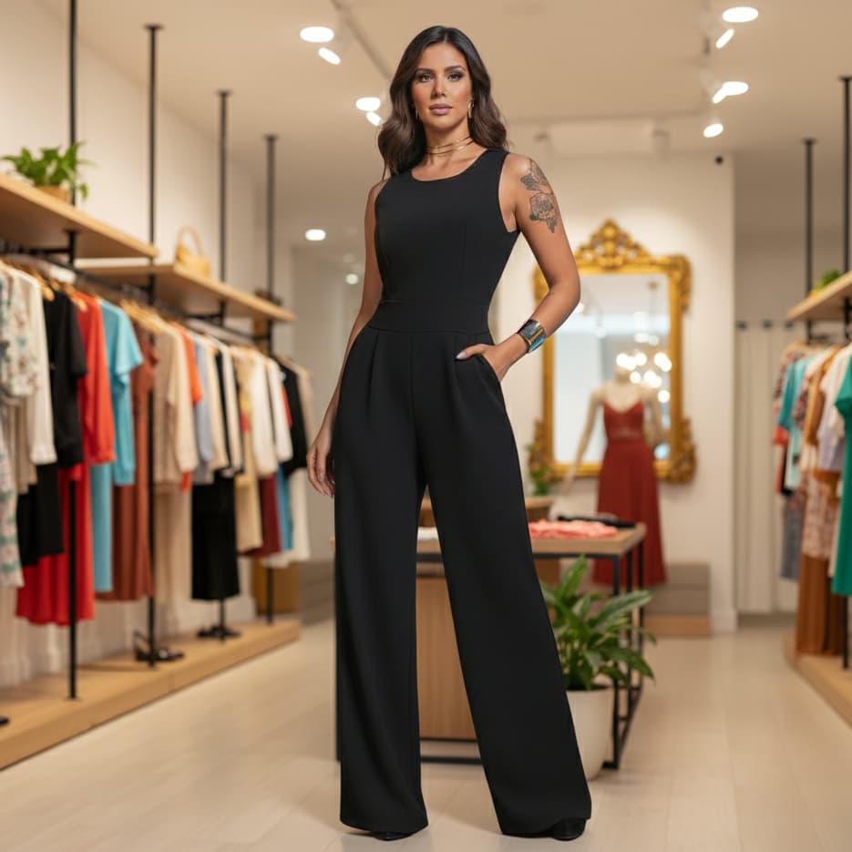 Macacão Feminino Longo Social Elegante Acinturado Tecido Duna Novidade