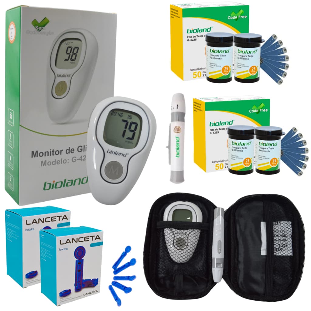 Kit Medidor de Glicose 100 Tiras 200 Lancetas Bioland G425-3 Aparelho Monitor de Glicemia Completo