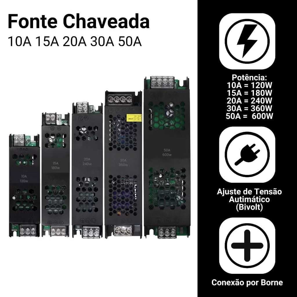 Fonte Chaveada Slim 12V/24V 5A-10A-20A-30A-50A P/ Cftv Fita Led Som Automotivo Bivolt