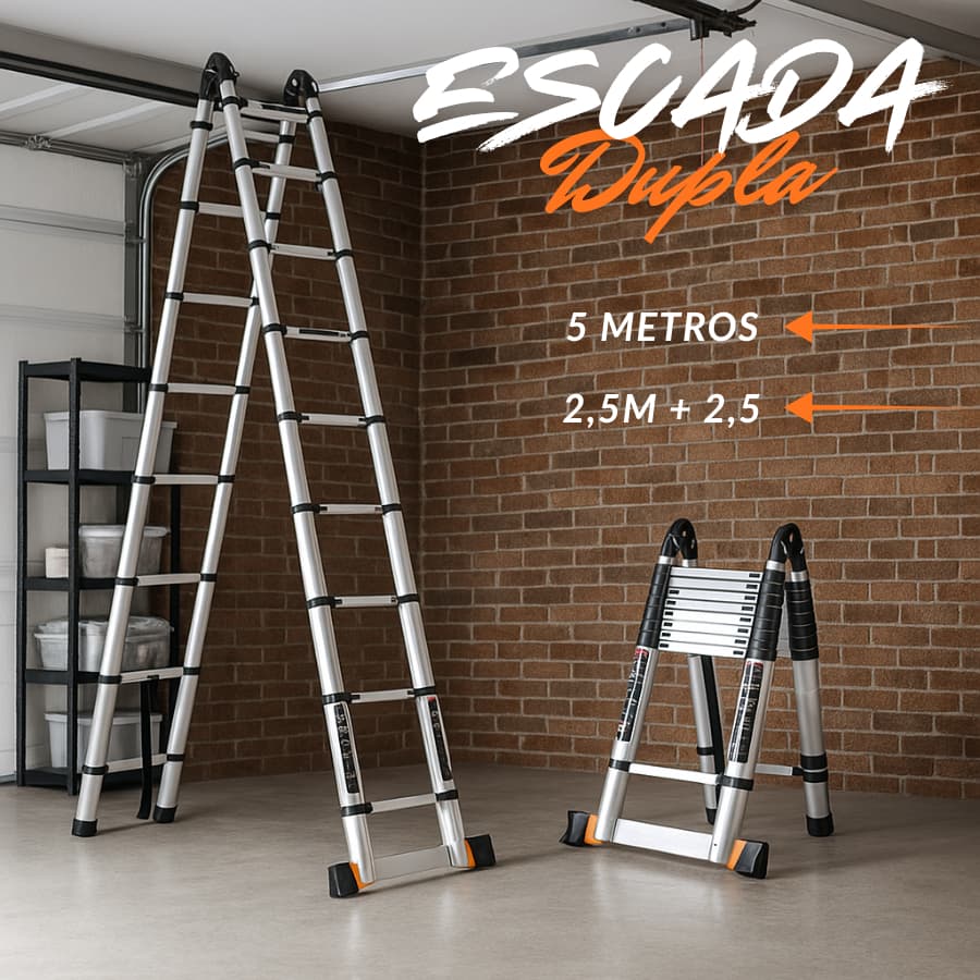 Escada Dupla Telescópica 5m Extensível Multifuncional em Alumínio