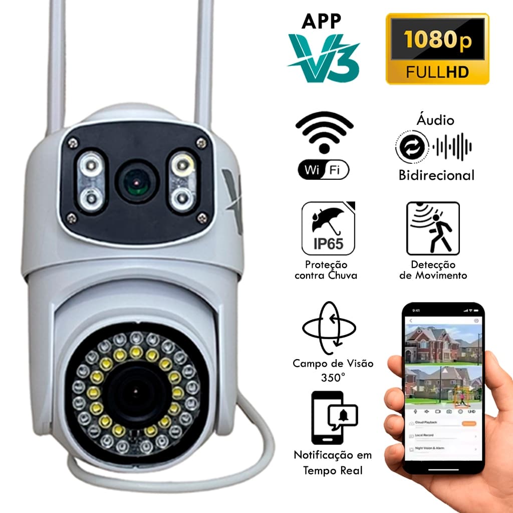 Câmera Inteligente V3 Wi-Fi 1080P Full HD Lente Dupla, IP65, Visão Noturna e Detecção de Movimento