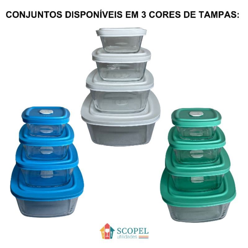 Jogo / Conjunto com 4 tigelas de vidro Marinex Facilita com tampa - 300ml, 500ml, 1lt e 2lts