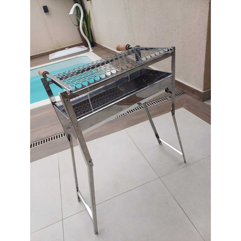 Churrasqueira Portátil 100% Inox Com Pernas Dobráveis 50x25x75 Altura Camping Pesca Praia