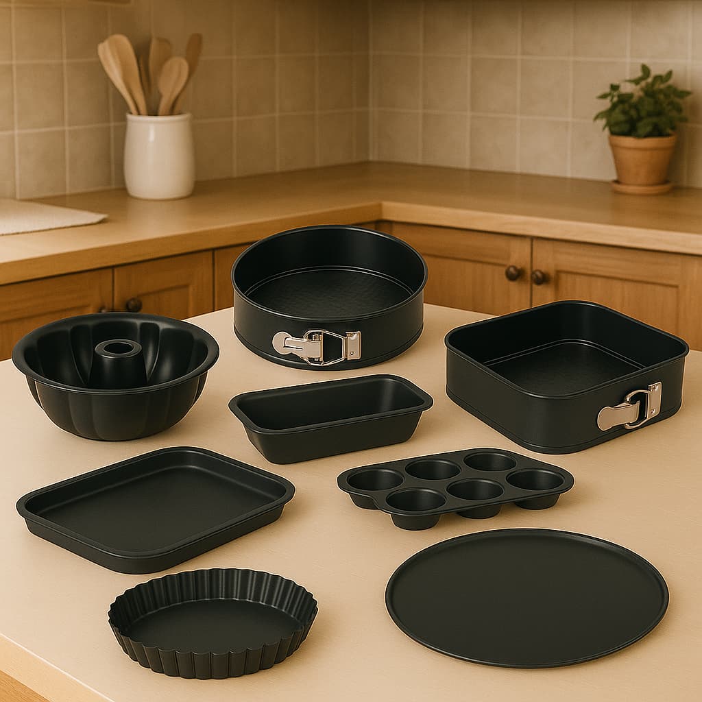 Conjunto 2 a 8 Formas Antiaderentes Aço Carbono – Pão, Bolo, Pizza, Cupcake, Tortas Fundo Removível