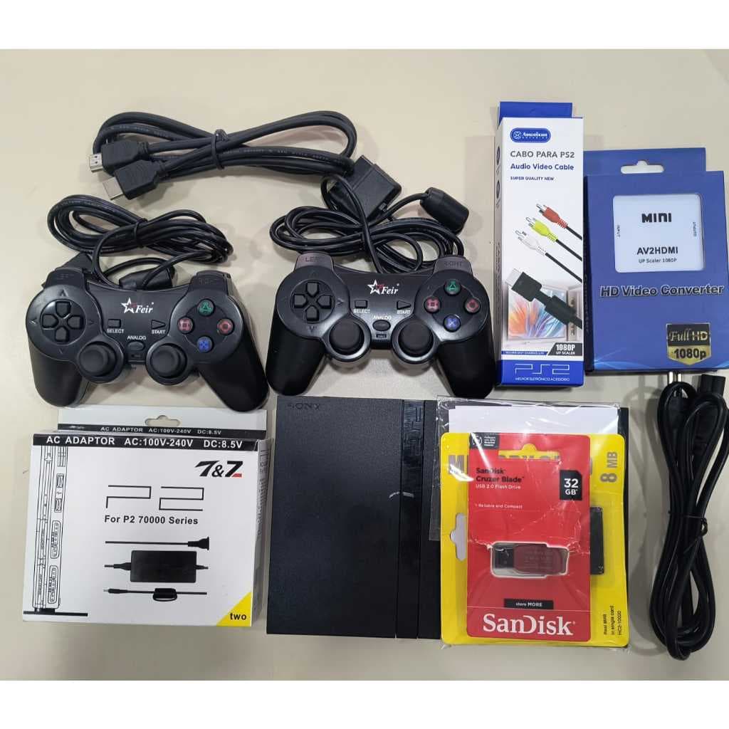 Ps2 com Leitor Sistema Matrix + Sistema OPL + 2 Controles + Conversor HDMI