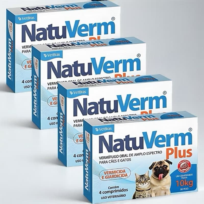Kit C/ 4 Caixas Vermifugo Oral Vermicida E Giardicida Natu Verm Plus 660mg Cães ou Gatos 4 Comp. Sabor Carne