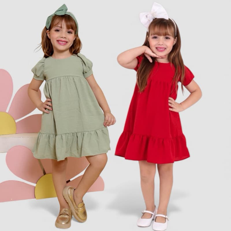 Vestido Infantil menina Duna Premium com manga tipo balonê , vermelho,azul, verde, amarelo,roupa infantil, 2,4,6,8 anos.