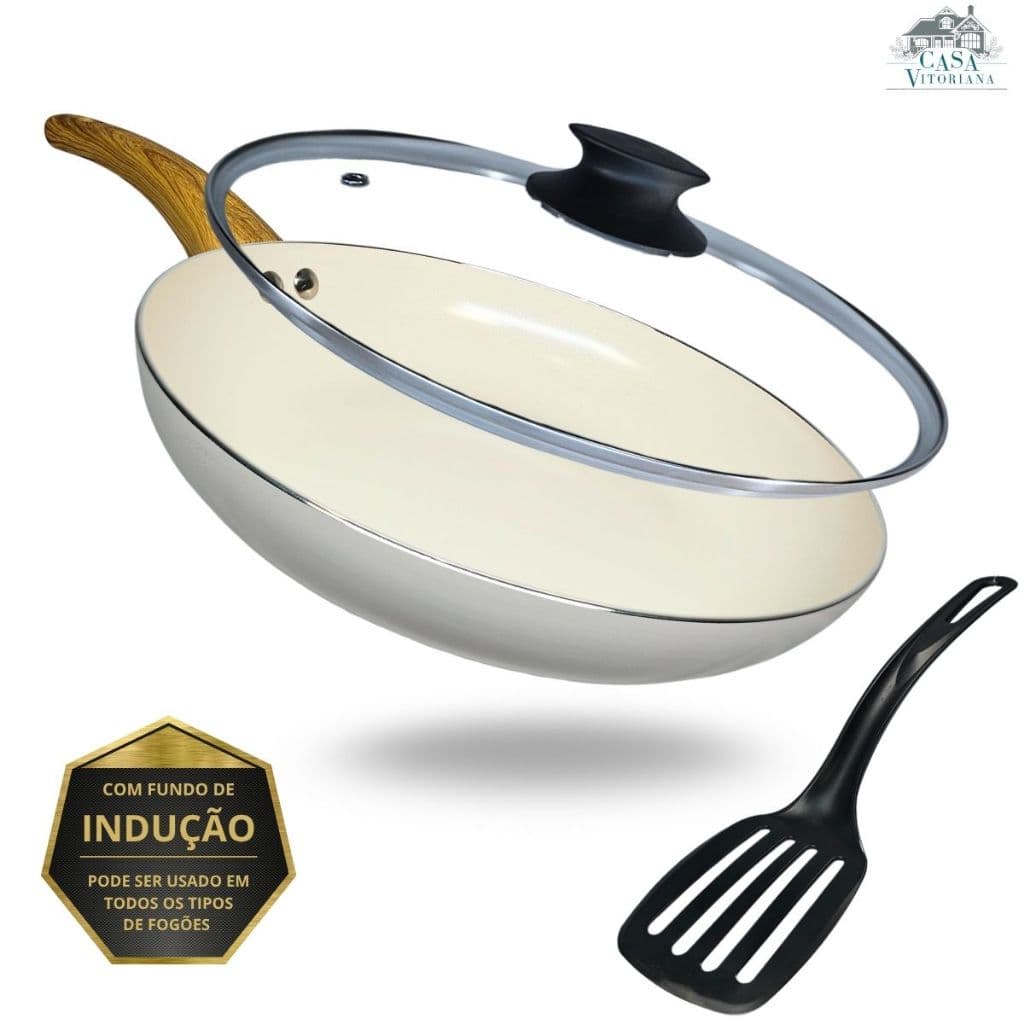 Frigideira 24cm Indução Antiaderente Cerâmico Com Tampa de Vidro Cor Bege