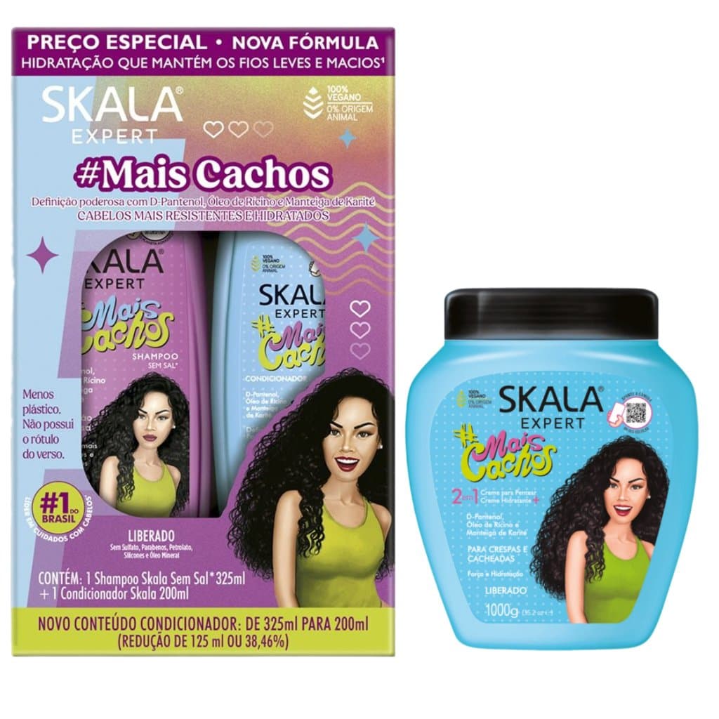 Kit Skala Mais Cachos Shampoo Condicionador Creme 1 KG Hidratação e Definição de Cachos