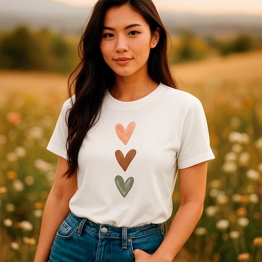 Camisa Feminina Corações Infantil e Adulto 100% Algodão