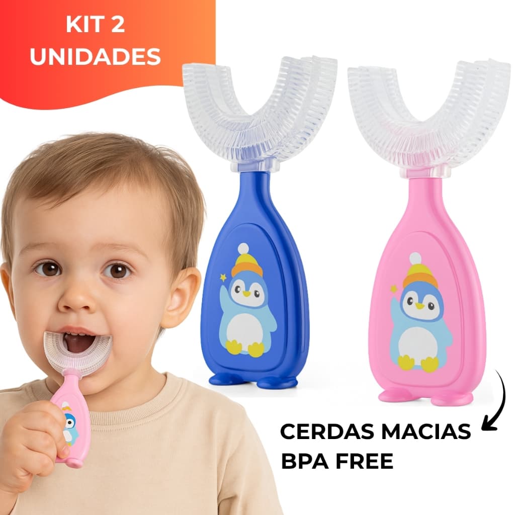 Kit 2 Escovas Dental Infantil Formato U 360° Silicone Cerdas Macias Bebê Criança Higiene Oral
