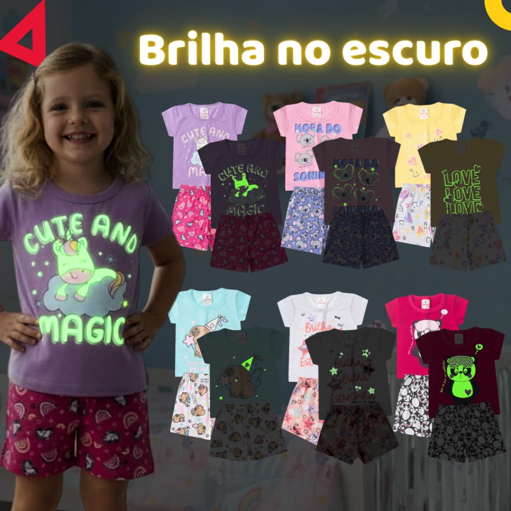 Kit 2 ou 4 Peças Pijama Infantil Menina Brilha no Escuro Verão Roupa Infantil Feminino