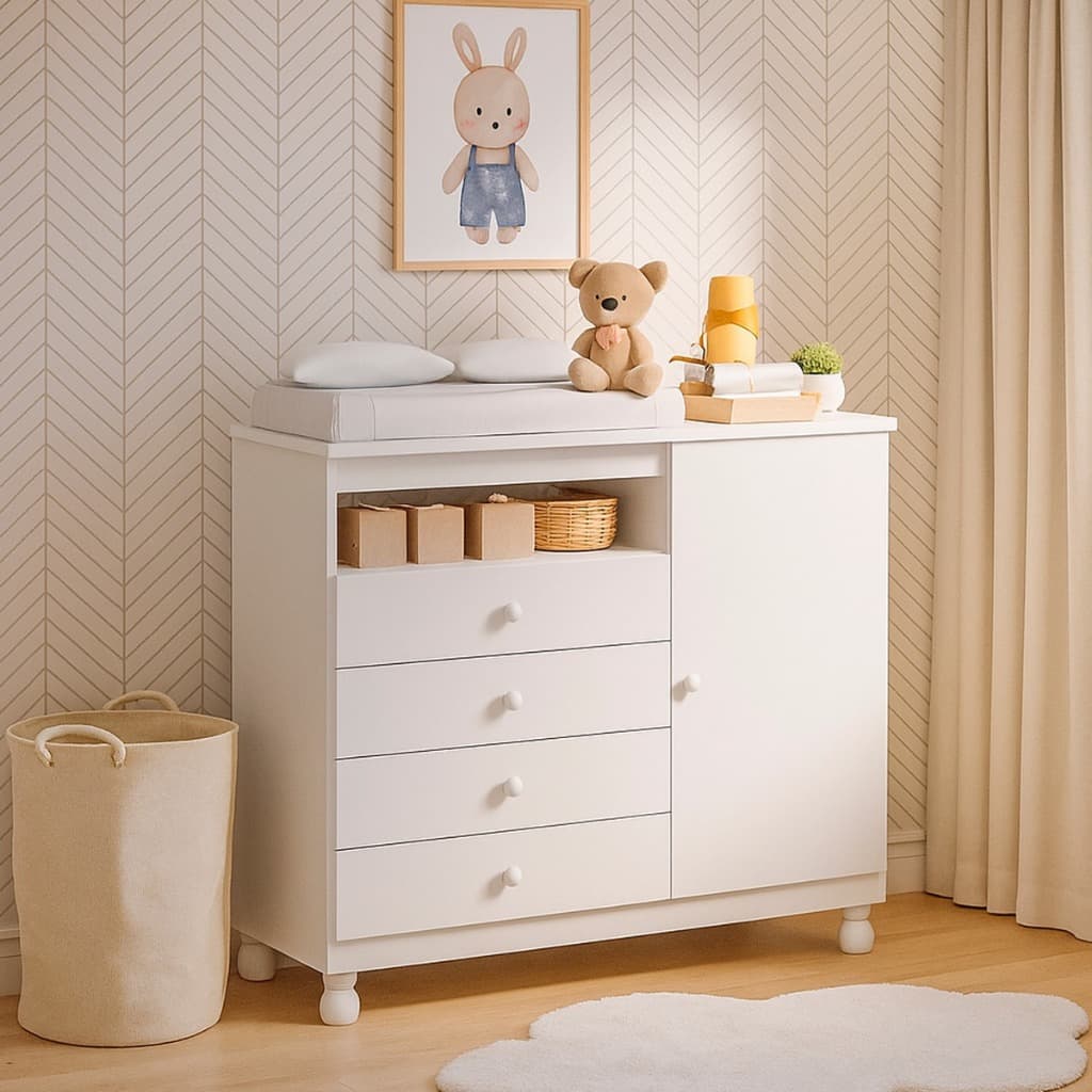 Cômoda Infantil 4 Gavetas com Porta Com Trocador a Corrediça Telescópica Pés Reguláveis