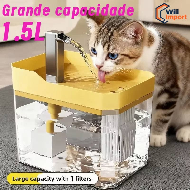 Quadrado Bebedouro Automático para Gatos e Cães: Circulação de Água com Filtro de 1,5 Litro e Base Segura