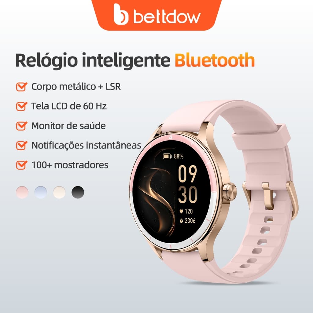 Smartwatch feminino BETTDOW: tela LCD de 1,27 polegadas, resistência à água IP68, caixa de liga metálica, modo esportivo
