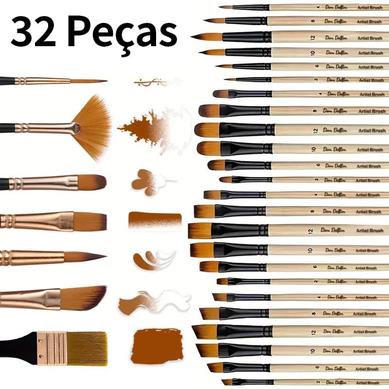 Kit 32 Peças Pincéis De Pintura Para Acrílica, Cerdas De Nylon Premium Com Redondo, Filbert, Plano, Ventilador