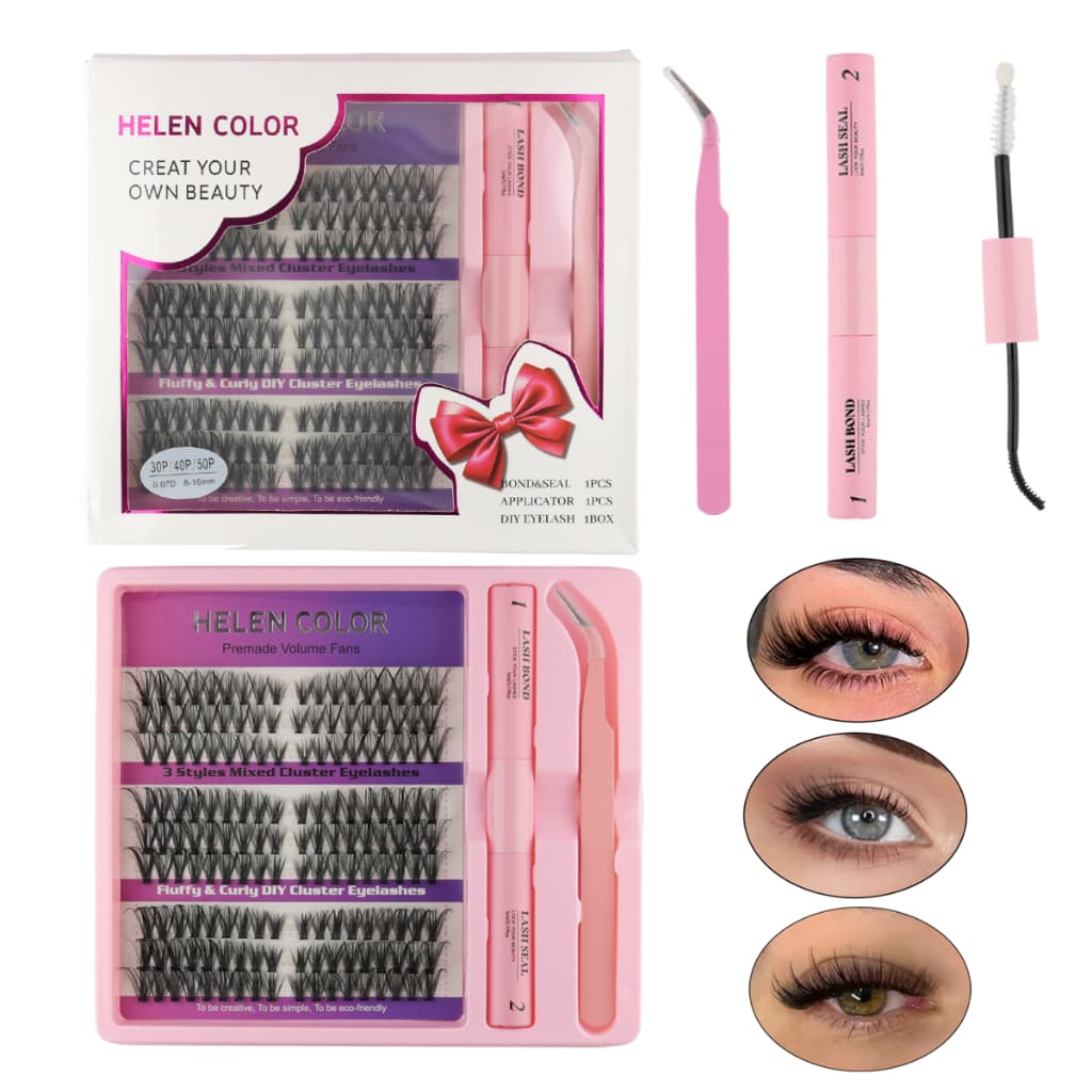 Kit DIY Cílios Postiços Cola Pinça Fixador Helen Color  Volume Russo Natural EyeLash 20p 30p 40p 50p 60p 70p 80p 90p100p