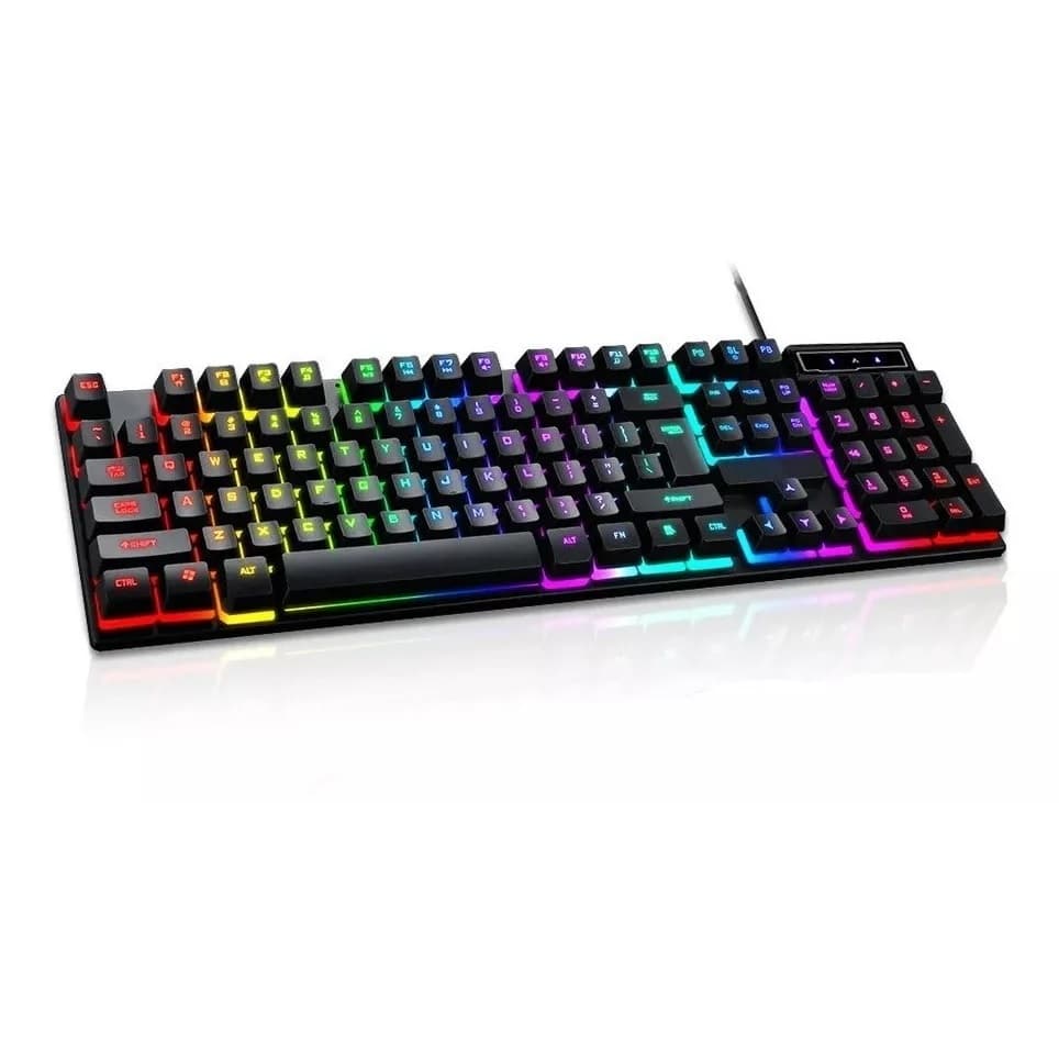 Teclado Gamer Semi Mecânico com Fio Preto Led RGB Abnt2 Qwerty Português Rainbow Ergonômico FULL