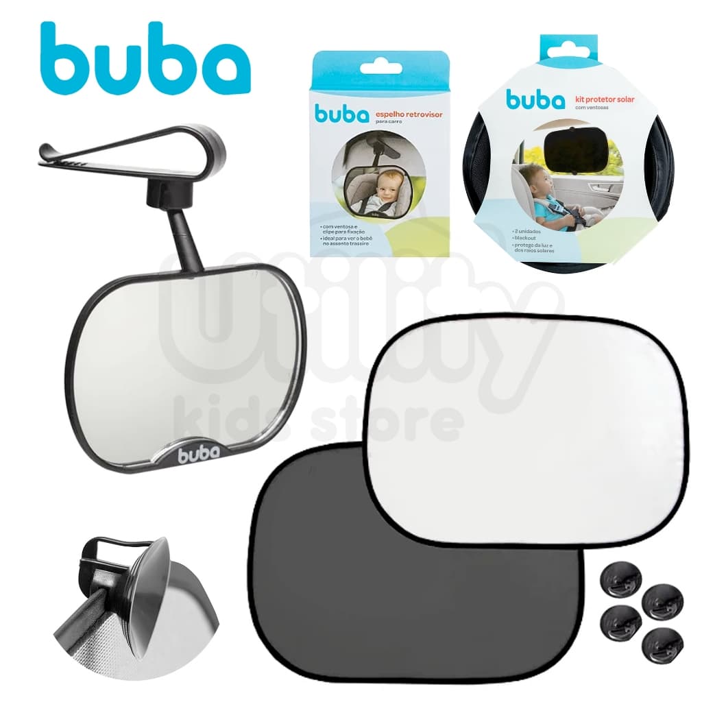 Kit Espelho Retrovisor e 2 Protetor Solar bebê Carro proteção Ventosa Buba