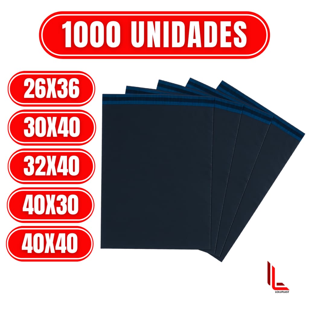 Kit 1000 Envelopes de Segurança Plástico Preto Aba Adesiva
