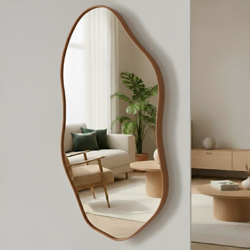 Espelho Orgânico Moderno  De Luxo 60x40cm Moldura Em Couro Texturizado P/ Banheiro Quarto Sala Cozinha